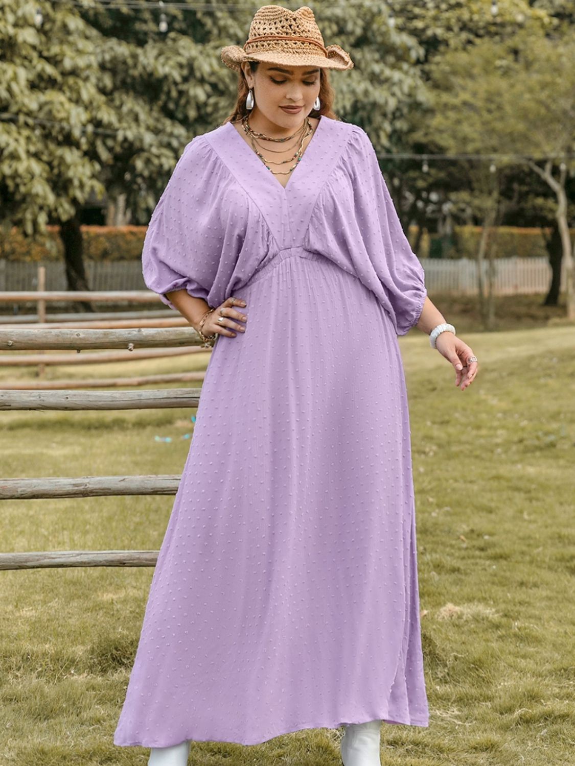 Plus Size Swiss Dot V-Neck Midi Dress Pink Purple