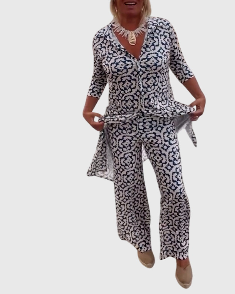 Geometric Print Tunic Top and Pants Two Piece Set