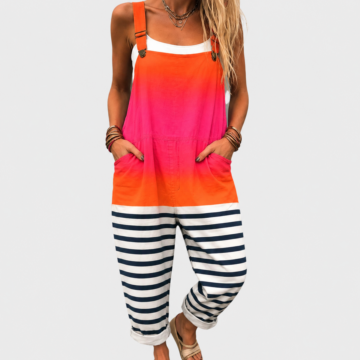Colorblock Striped Wide Leg Overall Jumpsuit
