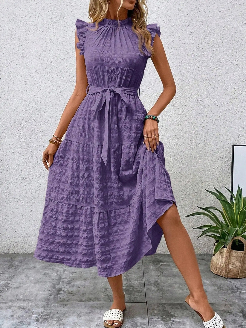Crinkle Tie Waist Tiered Ruffle Collar Sleeveless Midi Summer Dress
