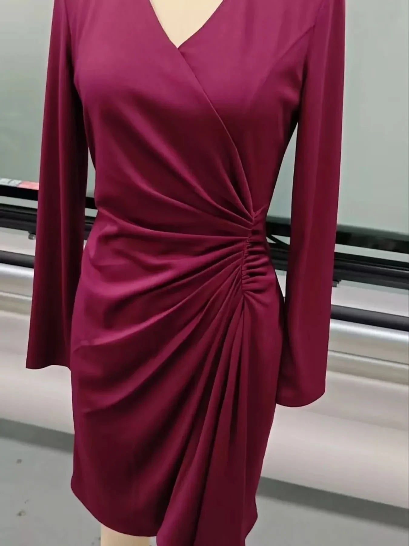 Front Ruched V-Neck Long Sleeve Dress