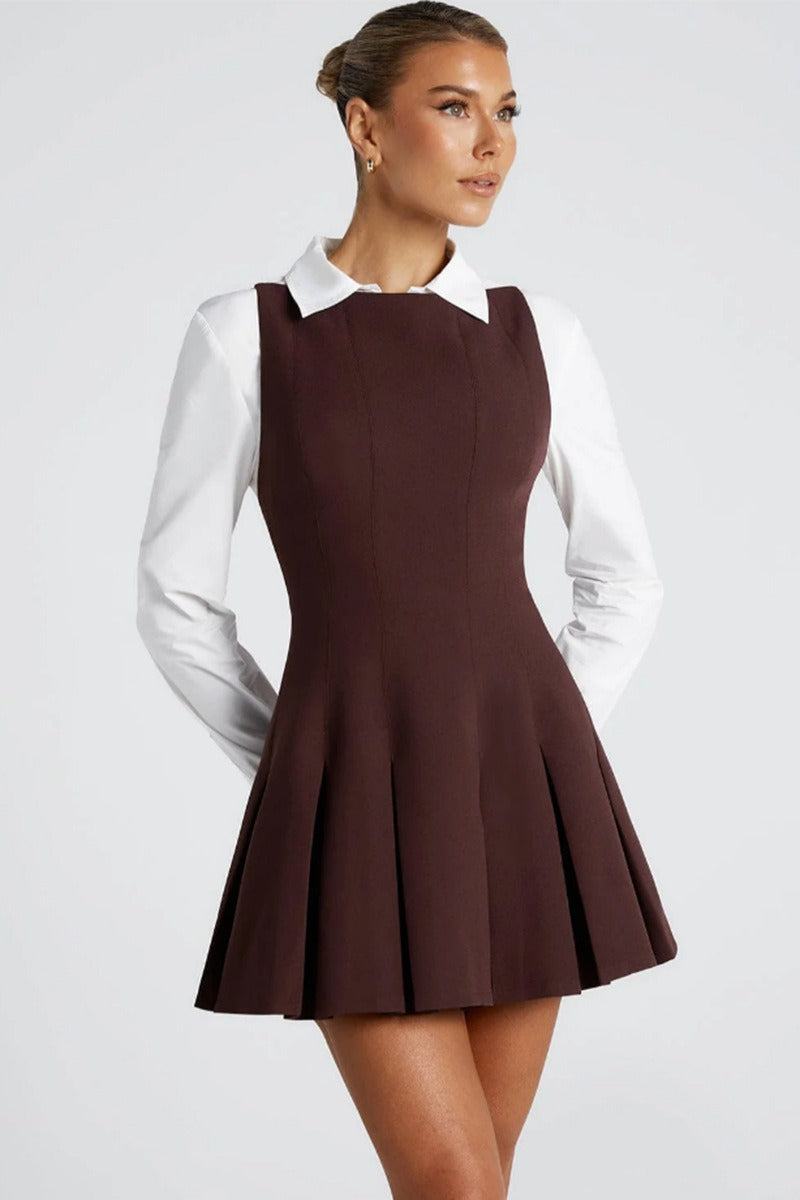 Boat Neck Sleeveless Box Pleat Structured Fit and Flare Mini Cocktail Dress