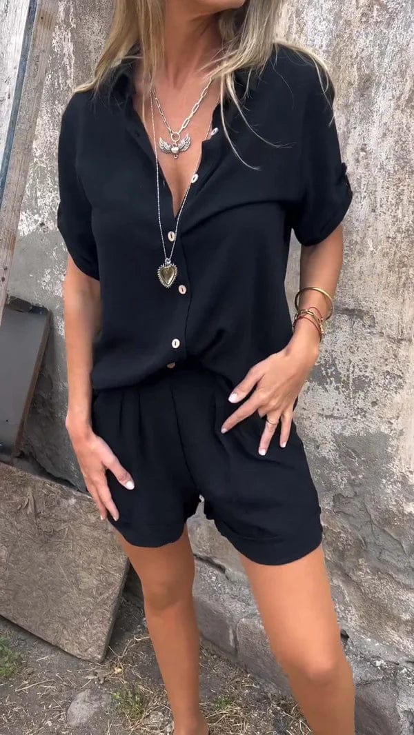 Collared Button Front Shirt and Shorts Two Piece Set