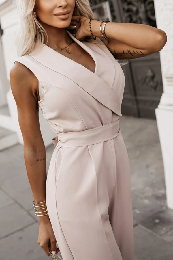 Lapel Collar Sleeveless Belted Wide Leg Formal Jumpsuit