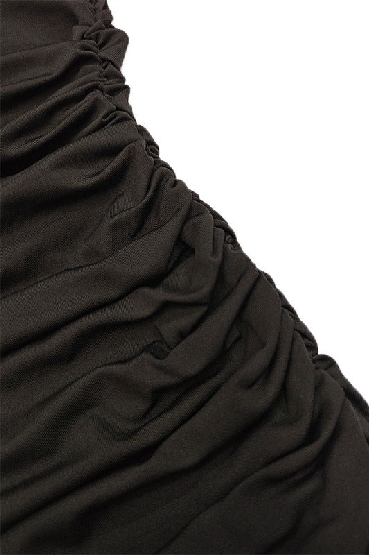 Off Shoulder Long Sleeve Ruched High Split Bodycon Maxi Dress