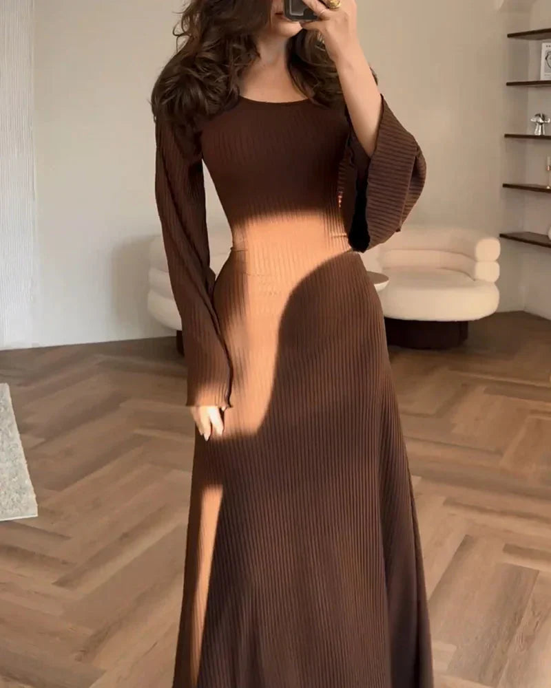 Rib Knit Square Neck Long Sleeve Bell Cuff Bodycon Maxi Dress