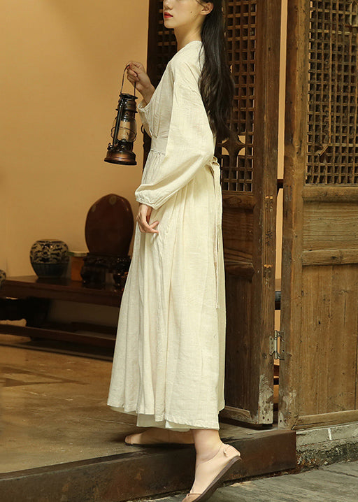 Linen V-Neck Wrap Long Sleeve Relaxed Maxi Dress