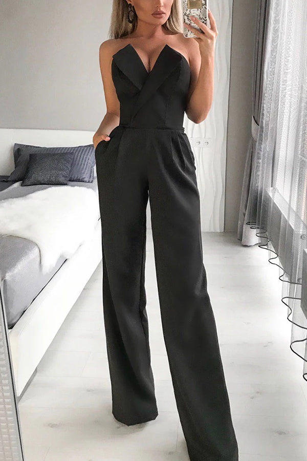 Strapless Wide Leg Tuxedo Jumpsuit
