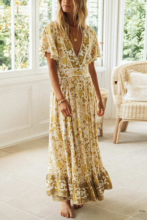 Floral Print Deep V-Neck Pom Pom Trim Flutter Sleeve Ruffle Hem Maxi Dress