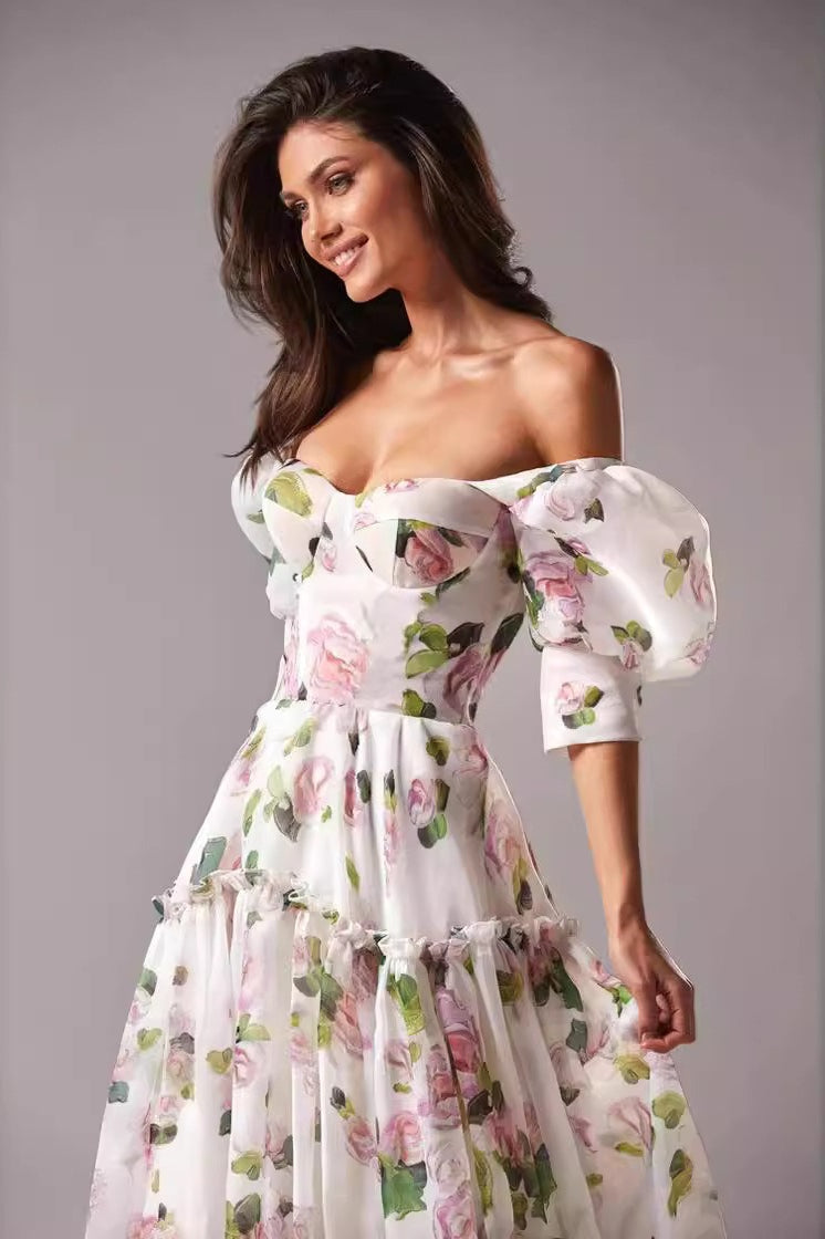 Floral Off Shoulder Puff Sleeve Sweetheart Tiered Maxi Dress