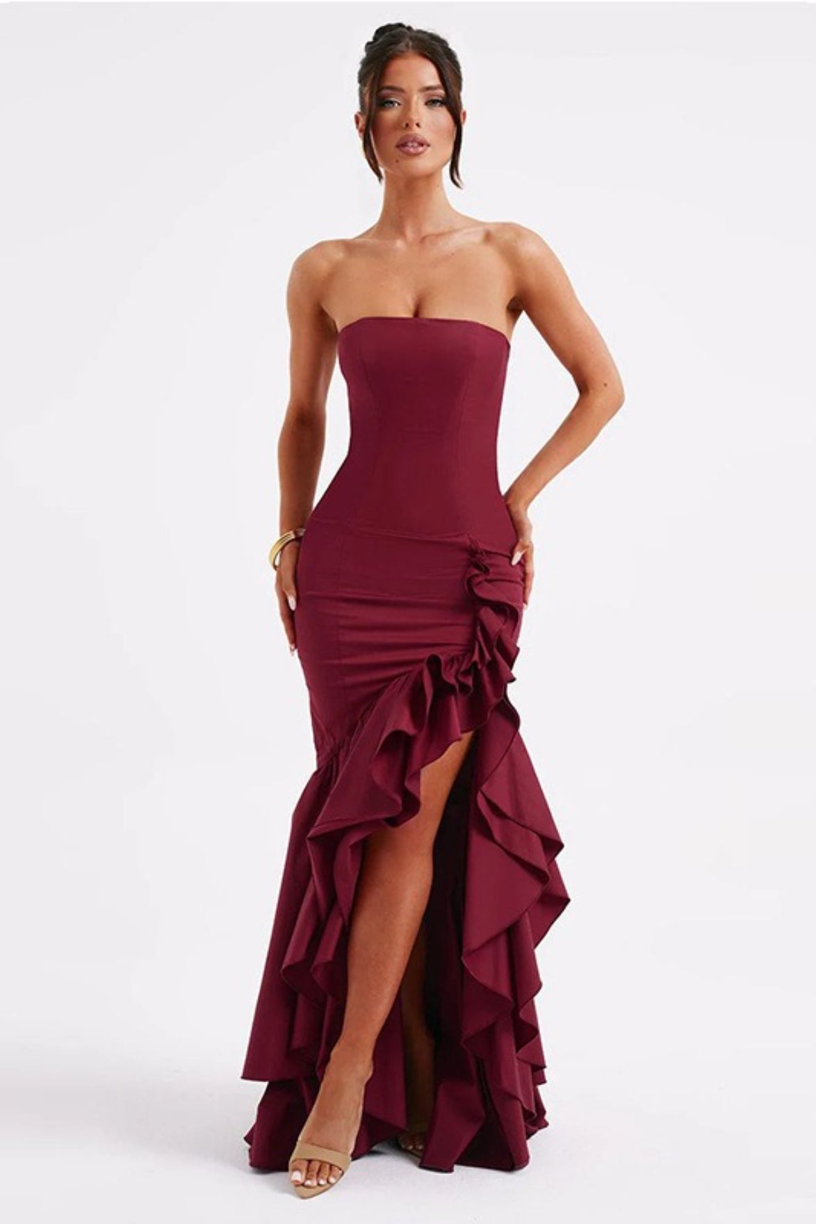 Strapless Ruffle Hem High Low Bodycon Maxi Dress