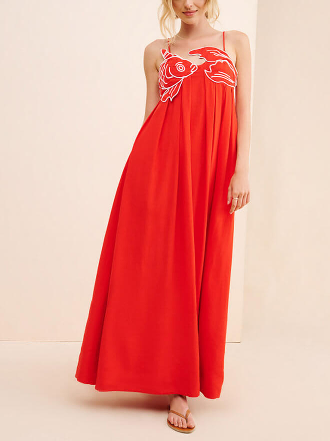 Fish Applique Bust Spaghetti Strap Empire Waist Pleated Maxi Dress