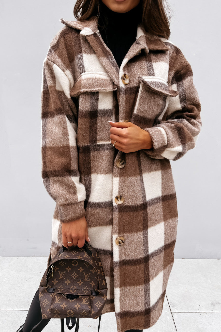 Plaid Button Front Flap Pocket Longline Shirt Coat 6