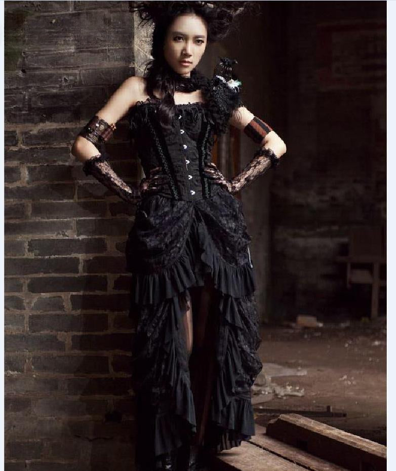 Gothic Victorian Strapless Corset Lace Tiered Ruffle High Low Dress