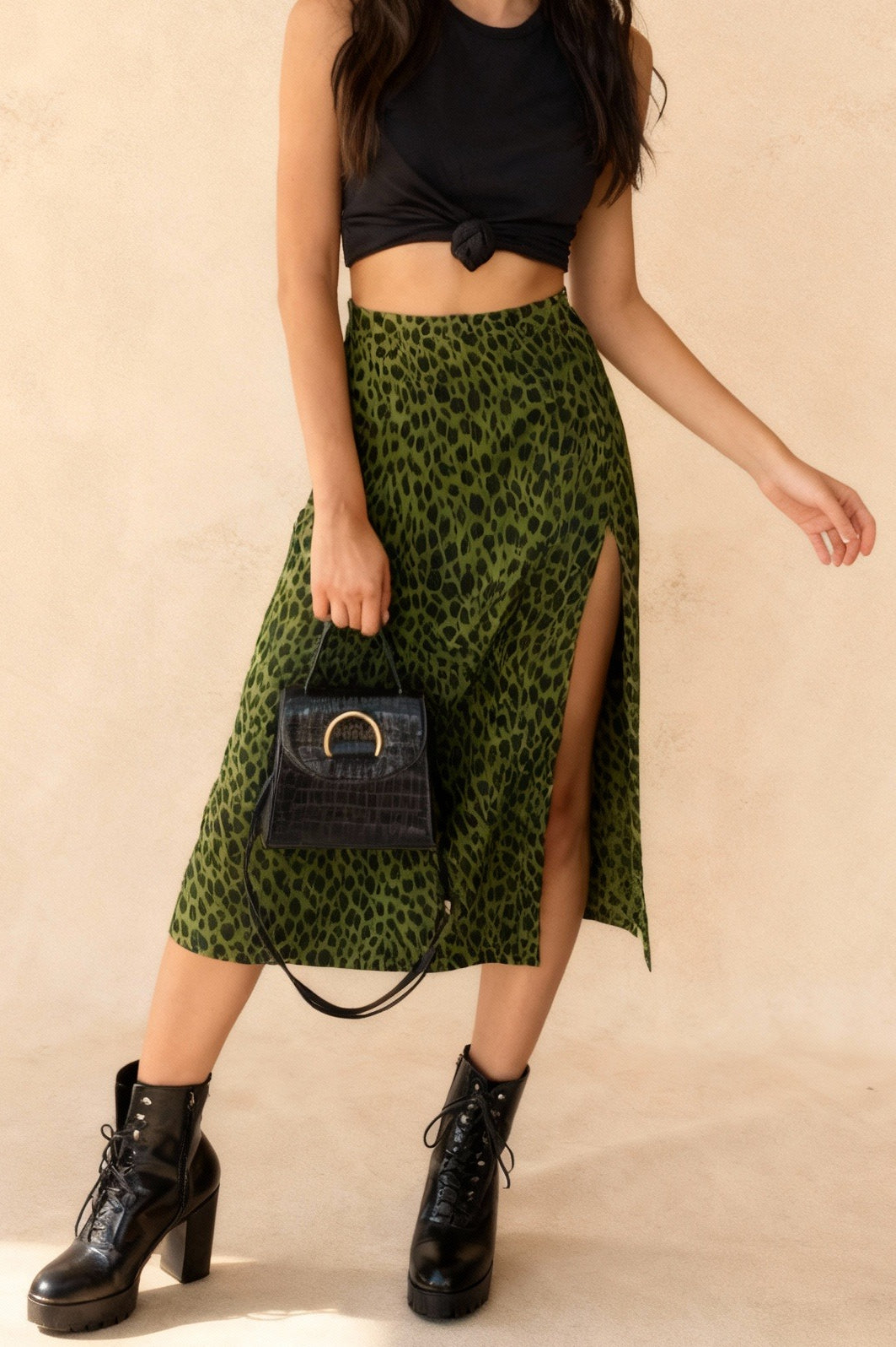 Leopard Print High Waist Side Split Midi Skirt