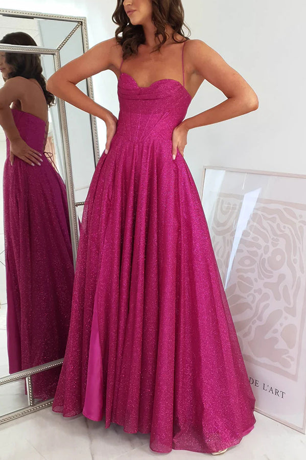 Cinderella Glitter Tulle Fabric Cowl Neck Back Lace-up Maxi Dress - View 16