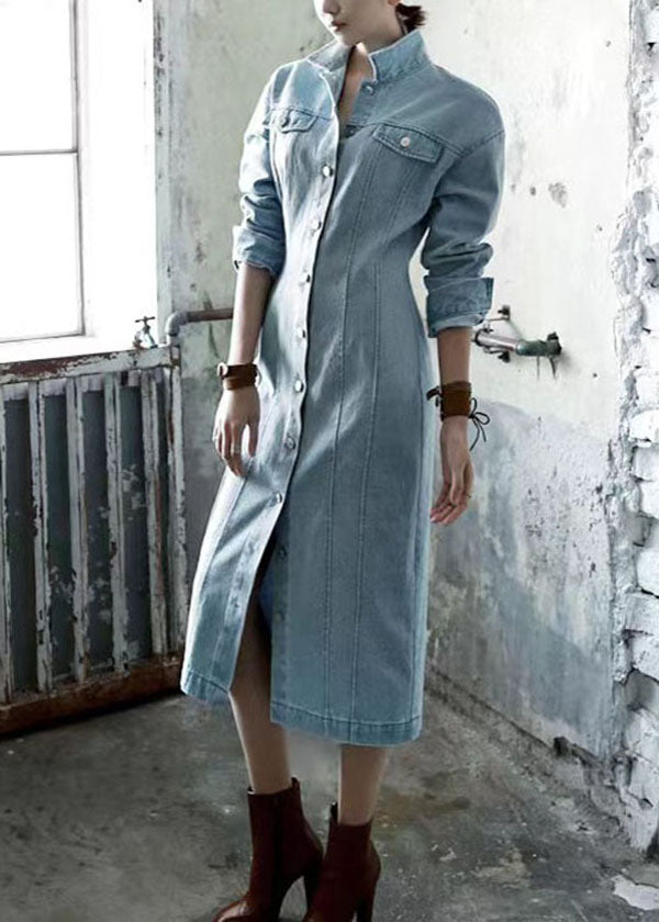 Denim Mandarin Collar Button Down Chest Pocket Princess Seam Midi Dress