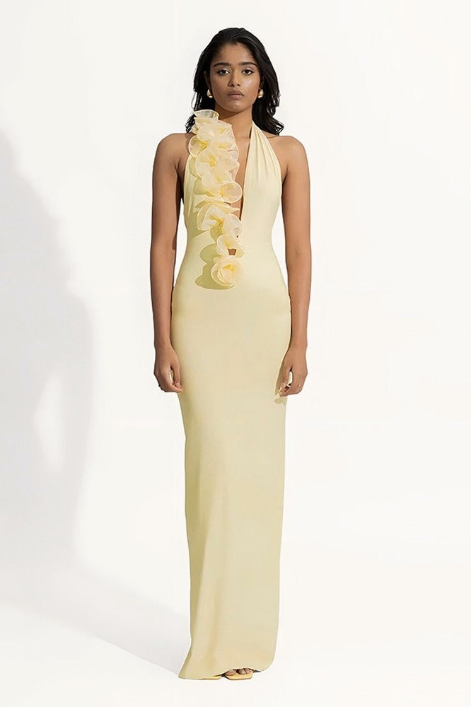 Halter Neck Deep V-Neck Ruffle Applique Bodycon Maxi Prom Dress