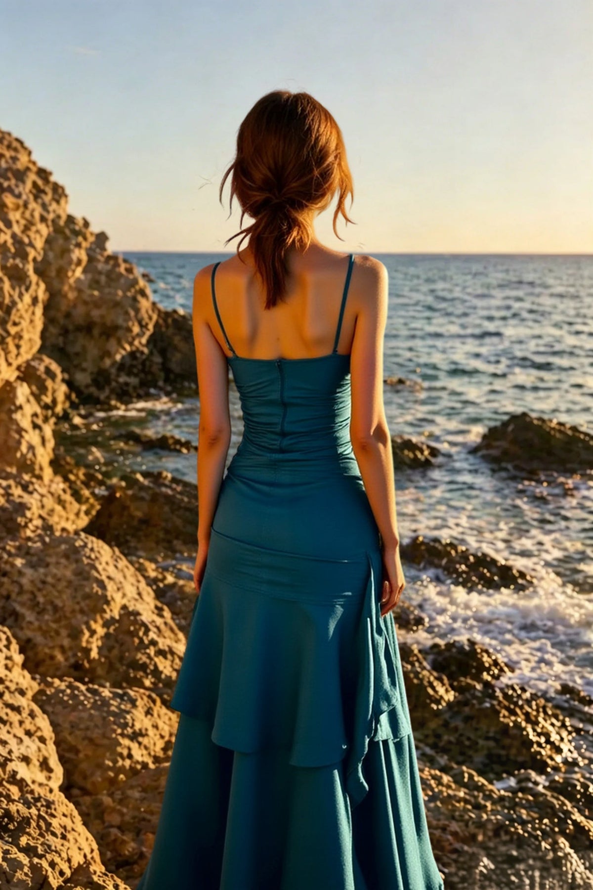 Satin Spaghetti Strap Ruched Tiered Ruffle Mermaid Maxi Dress 3
