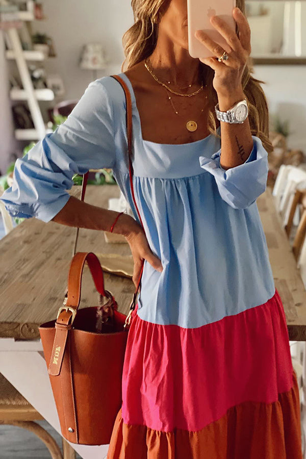 Square Neck Empire Waist Tiered Long Sleeve Maxi Dress