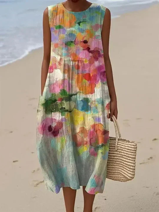 Watercolor Floral Sleeveless Midi Dress