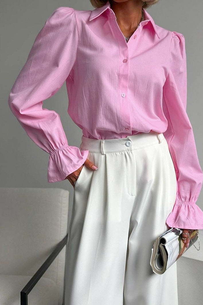 Collared Puff Shoulder Ruffle Cuff Long Sleeve Button Front Shirt 4