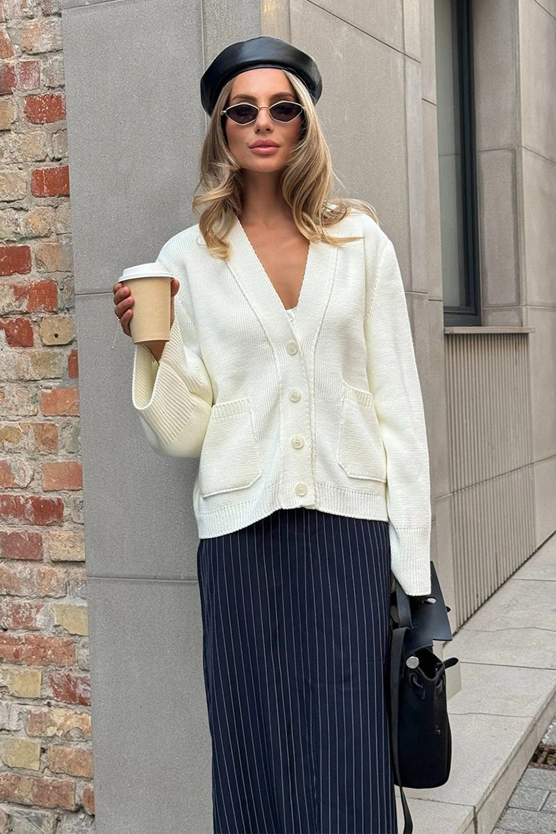 V-Neck Long Sleeve Button Front Patch Pocket Knit Cardigan
