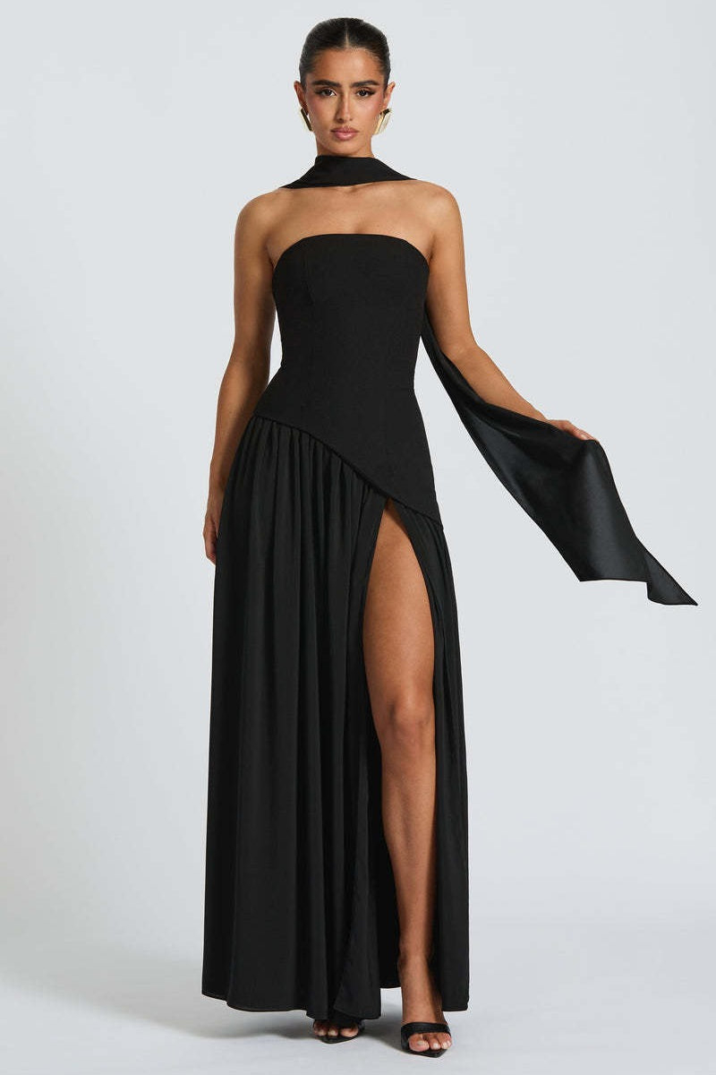 Strapless Scarf Neck High Split Draped Maxi Gown