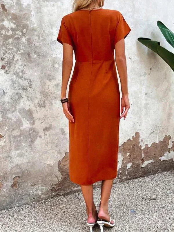 Patricia Statement Orange Midi Dress with V Neck and Slit Elevated Occasion Wear