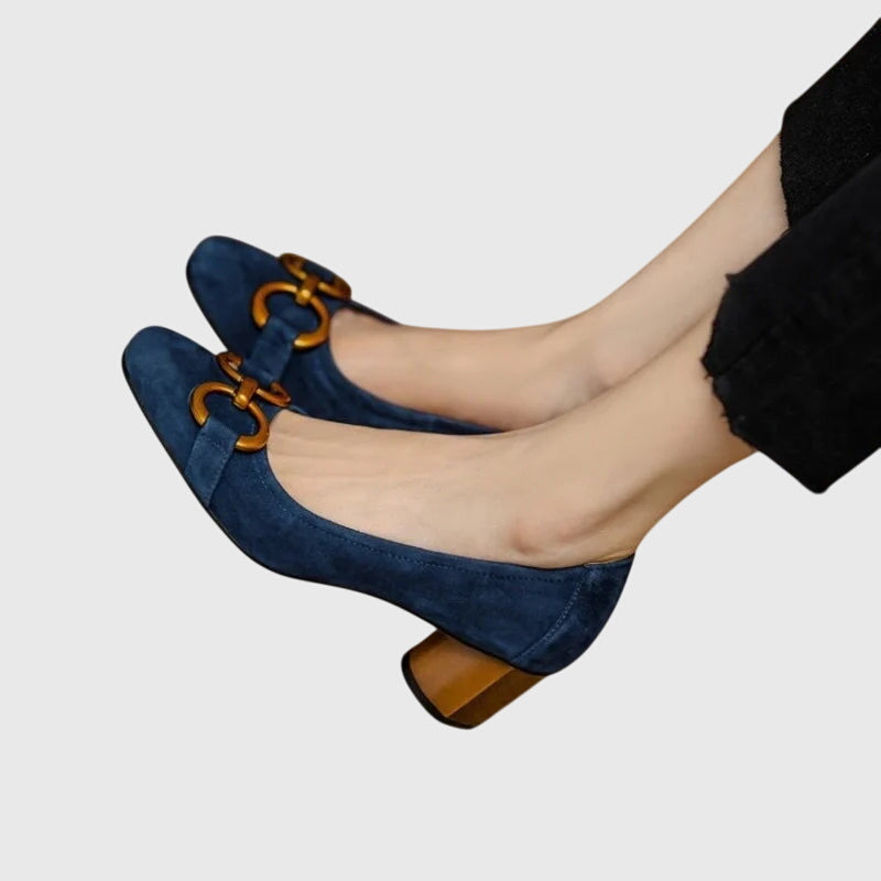 Square Toe Buckle Block Heel Pumps
