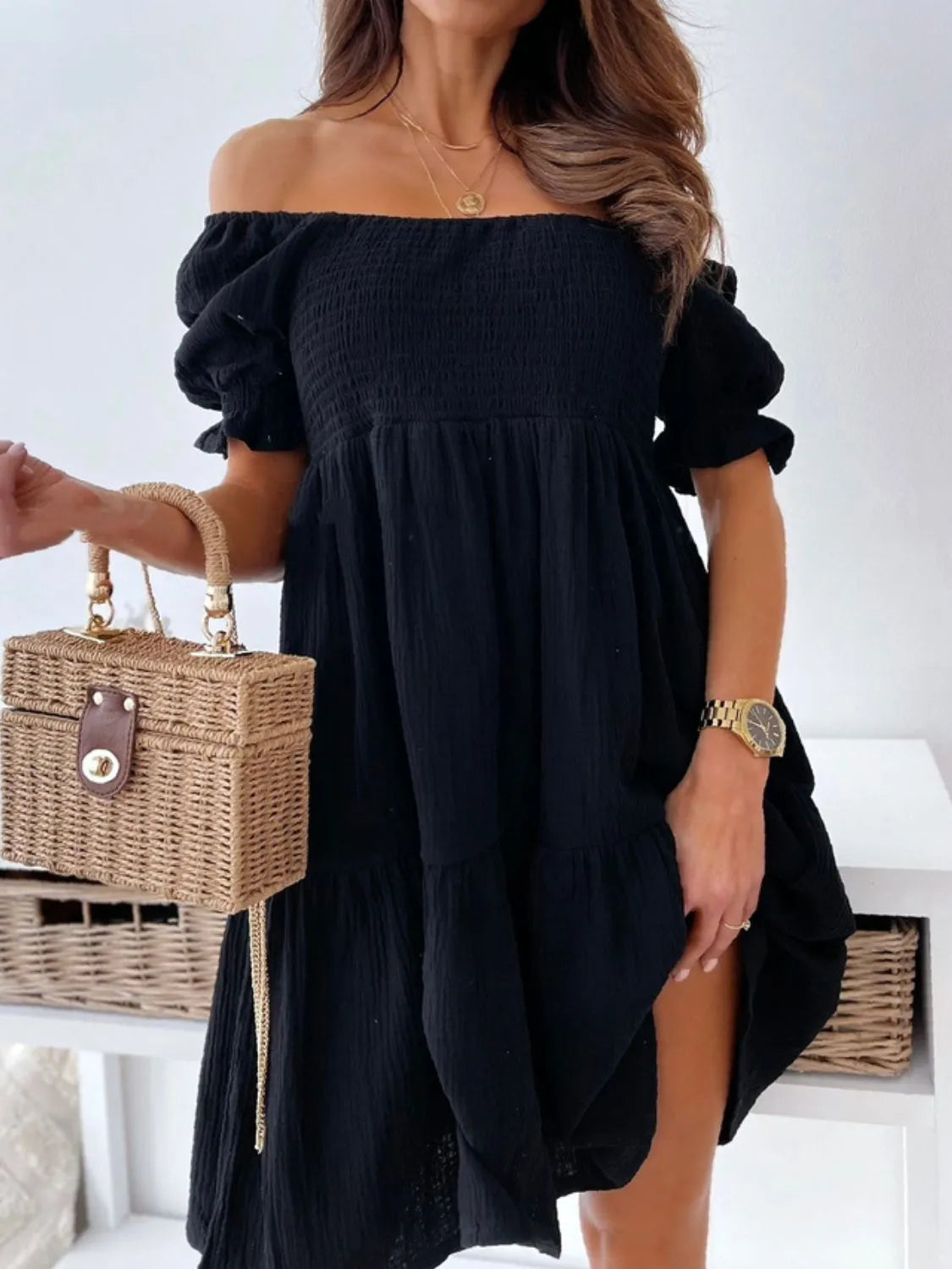 Textured Off Shoulder Smocked Puff Sleeve Tiered Midi Dress 7