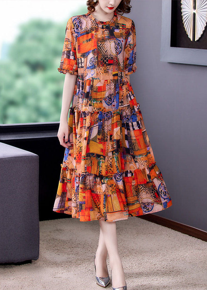 Abstract Patchwork Print Ruffle Collar Short Sleeve Tiered Smock Midi Dress