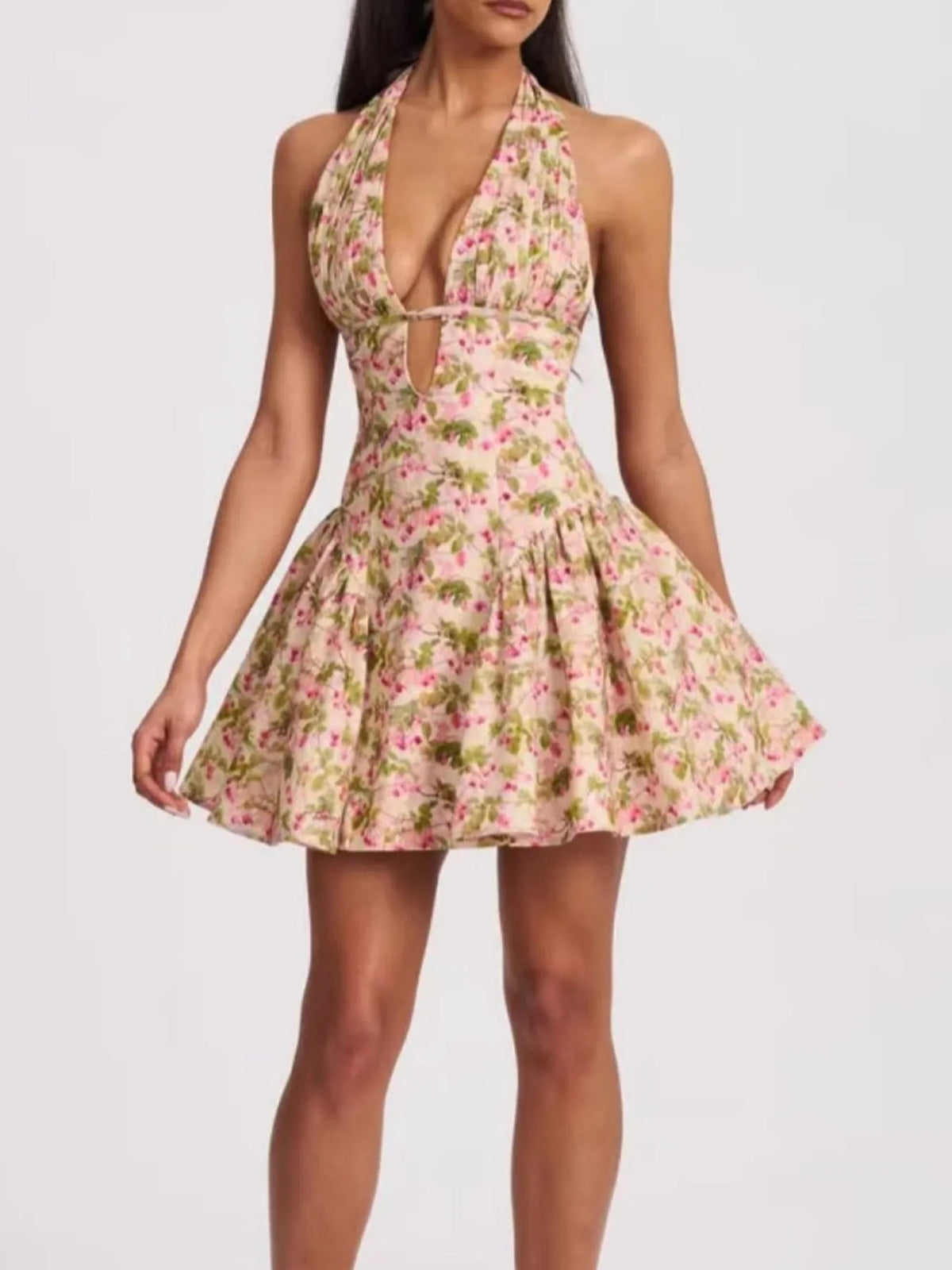 Floral Print Halter Plunge Keyhole Drop Waist Flared Mini Dress 4