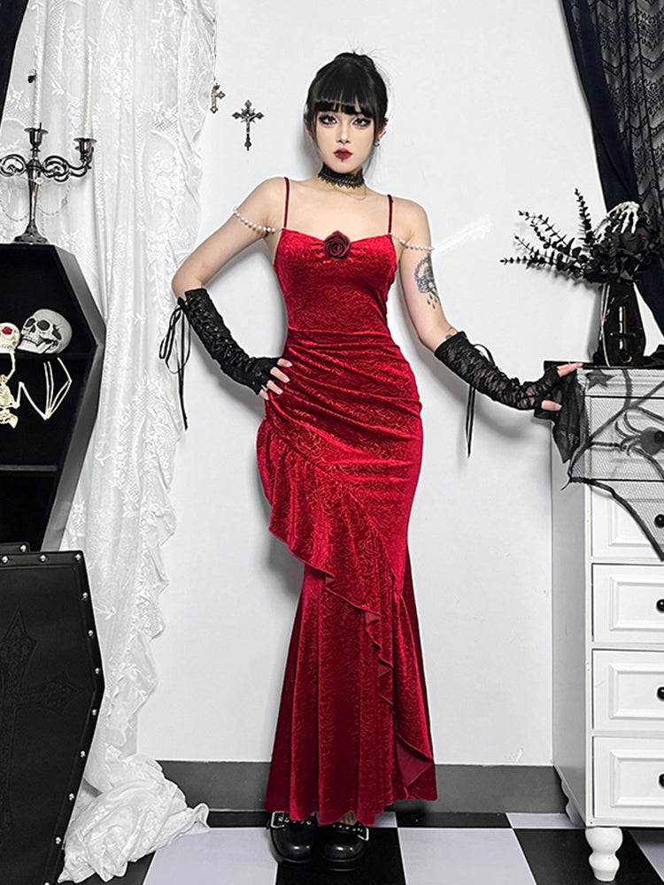 Velvet Spaghetti Strap Ruched Rosette Mermaid Maxi Dress