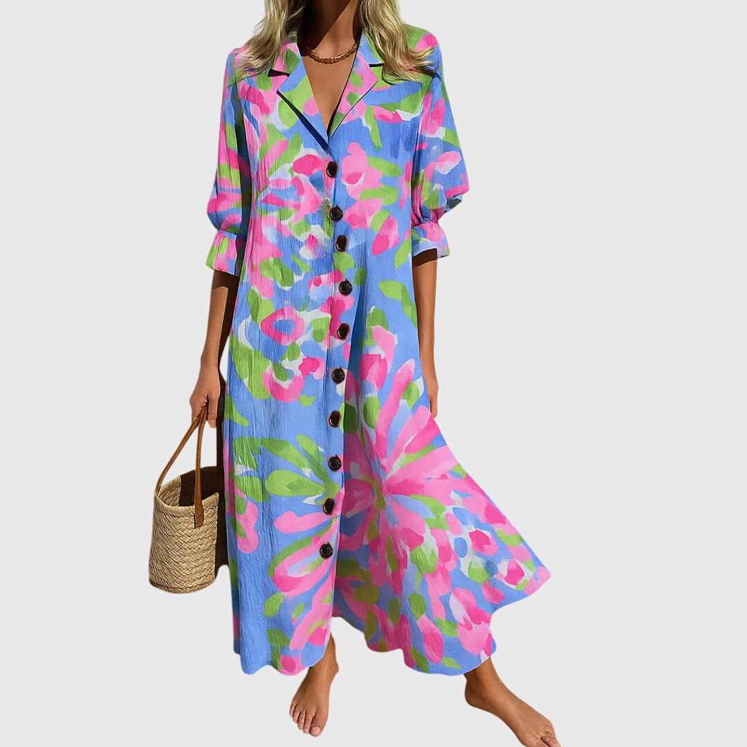 Floral Print V-Neck Button Front Puff Sleeve Maxi Dress