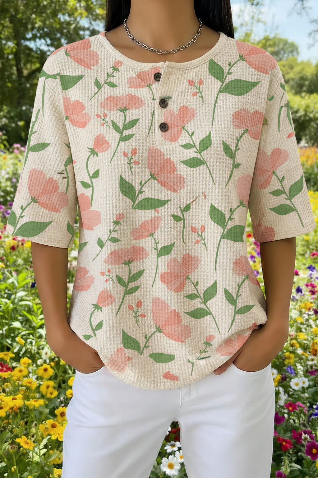 Womens Beige Pink Floral Print Casual Henley Shirt