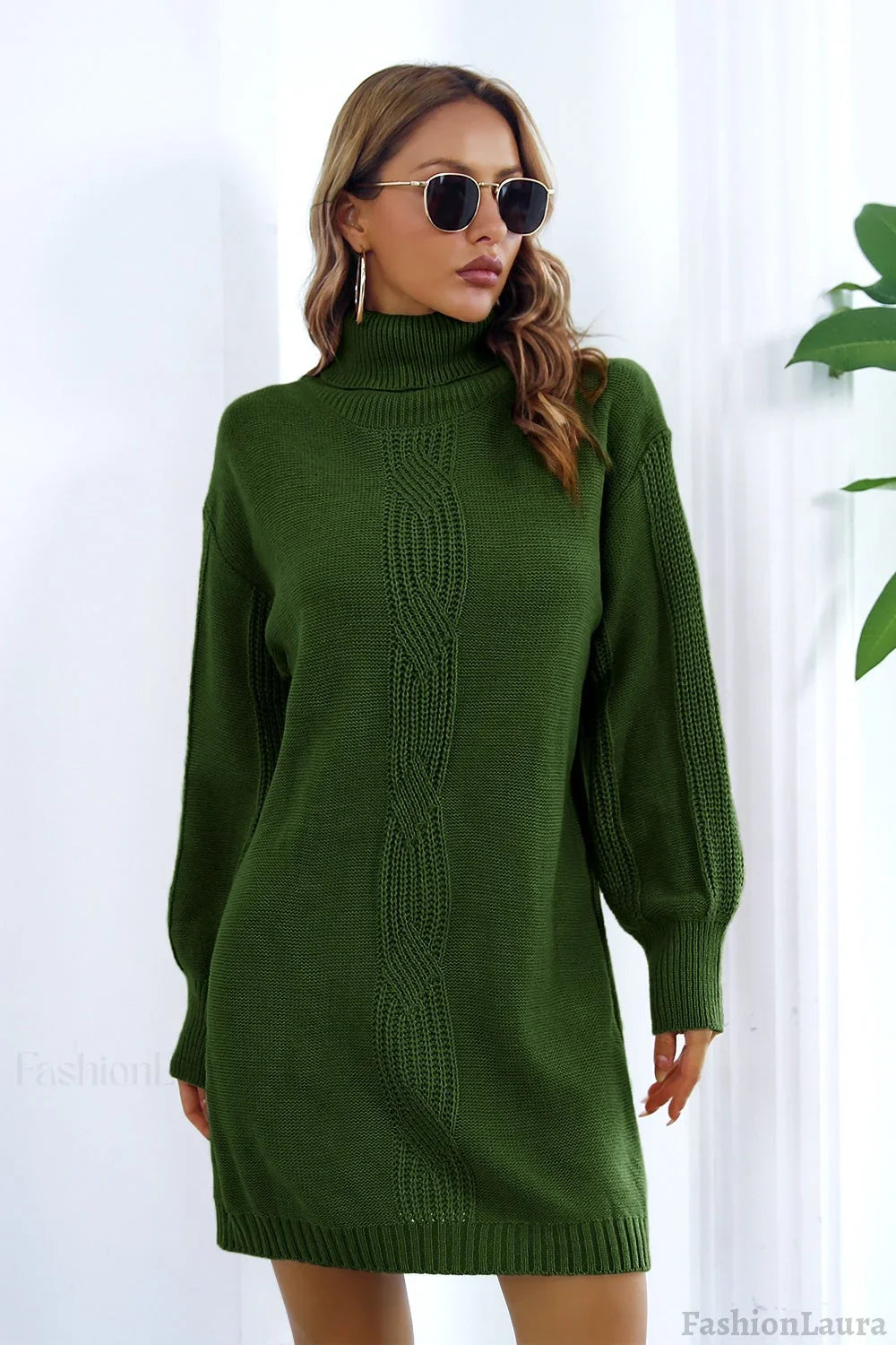 Cable Knit Turtleneck Sweater Dress
