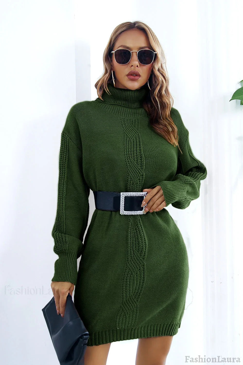 Cable Knit Turtleneck Sweater Dress
