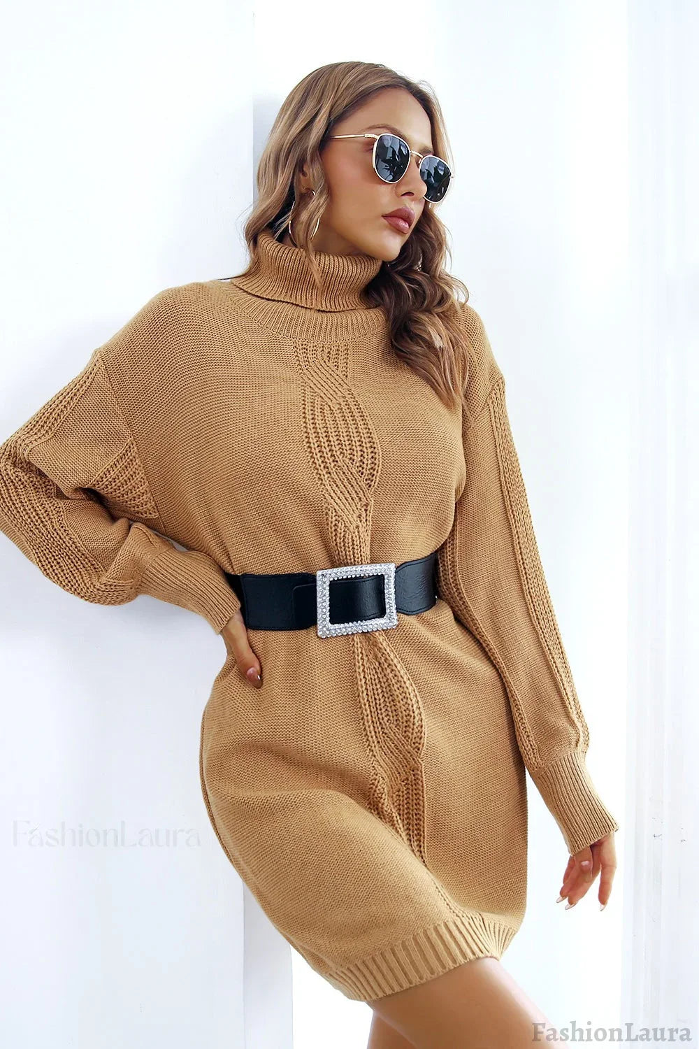 Cable Knit Turtleneck Sweater Dress S / Khaki