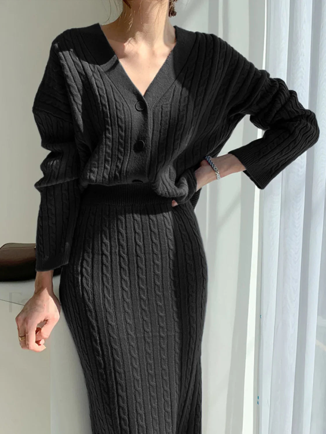 Cable Knit Two Trendy Piece Sweater Skirt Set Black / XS Sweaters L