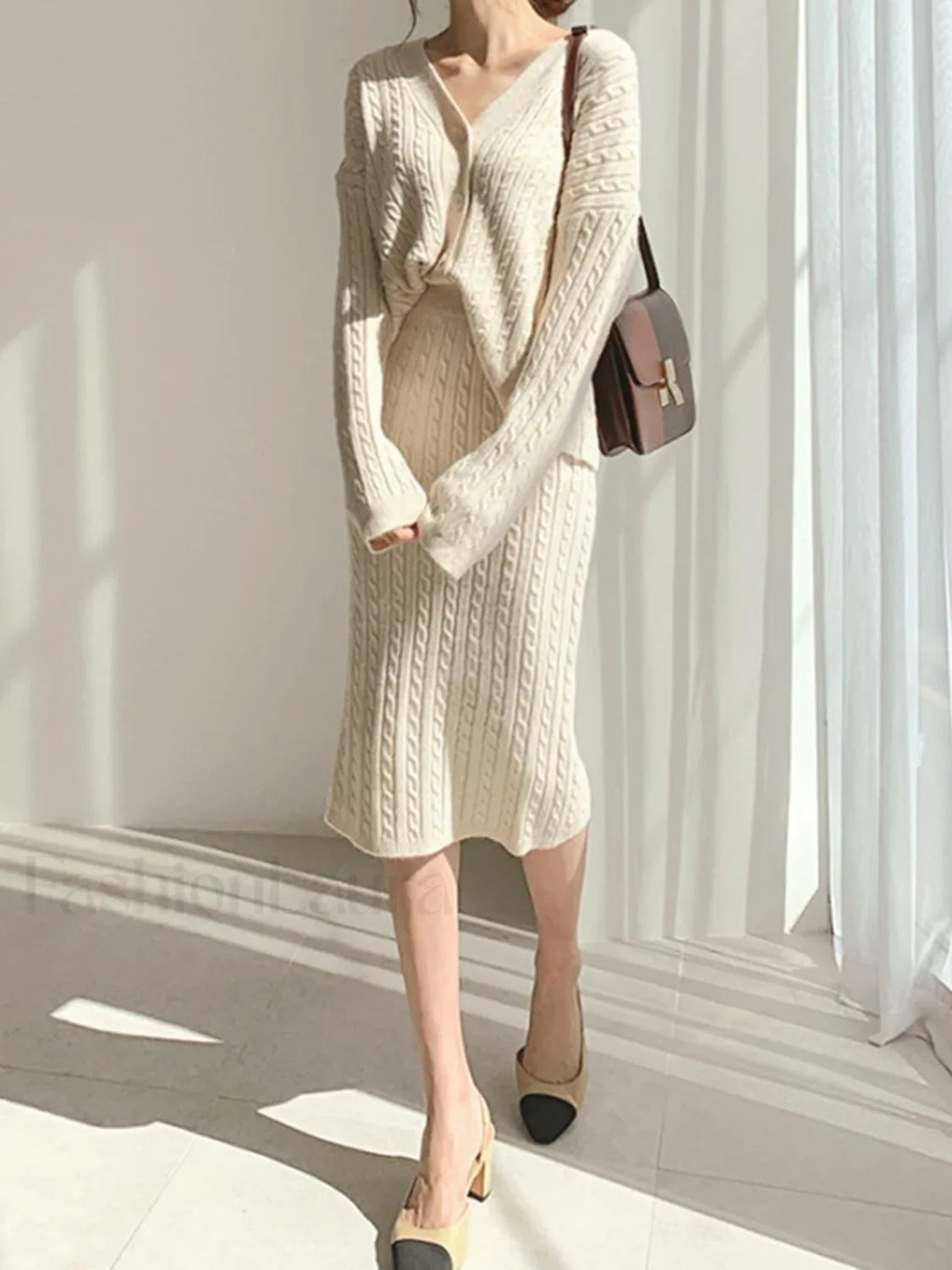 Cable Knit Two Trendy Piece Sweater Skirt Set