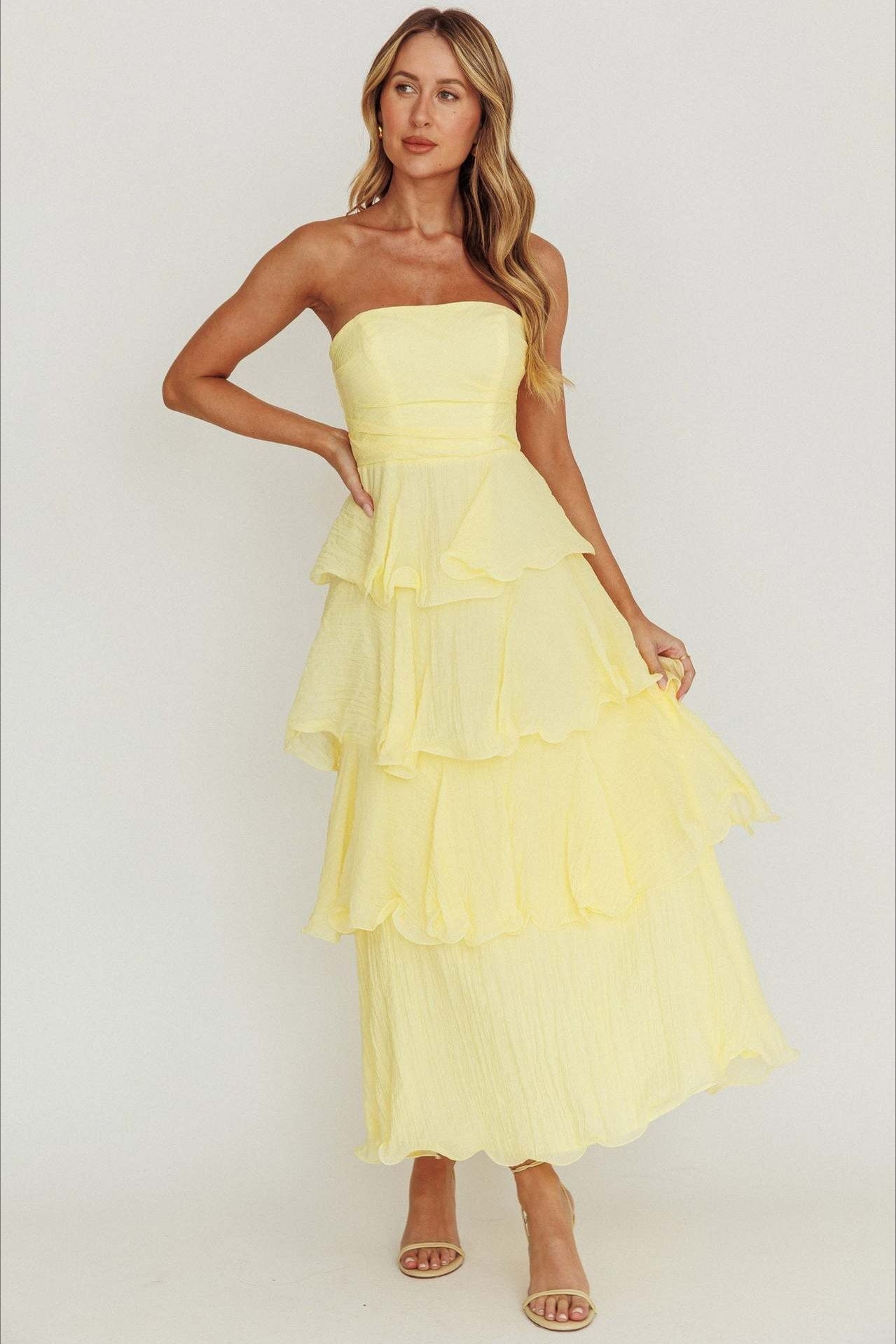 Strapless Tiered Ruffle Fit and Flare Midi Dress