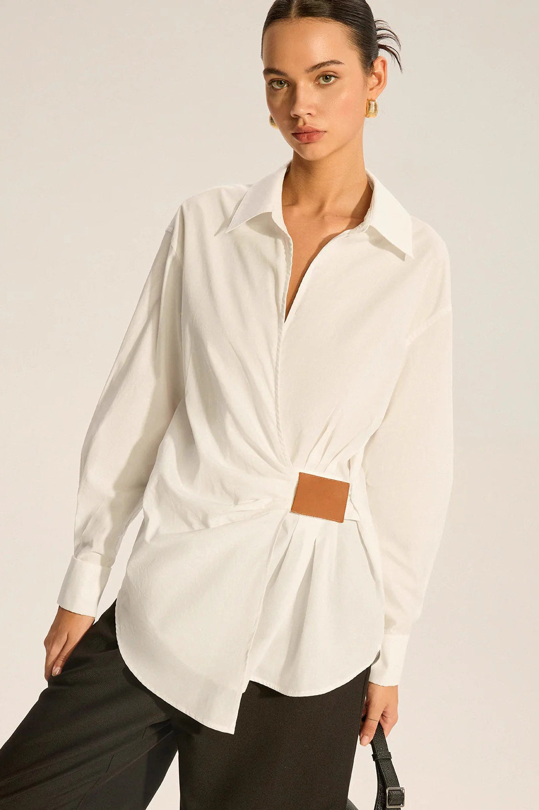 Faux Leather Panel Ruched Collared Slim Versatile Blouse