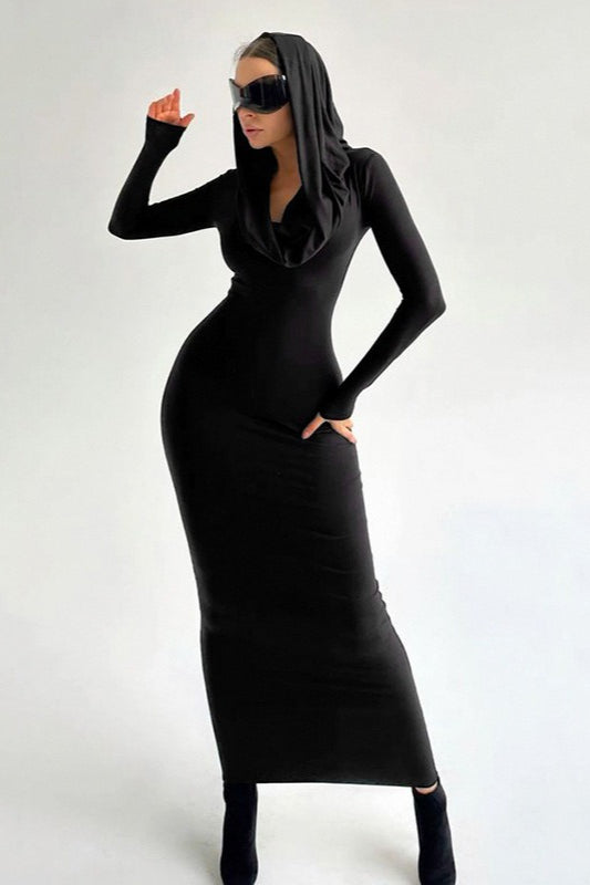 Cowl Neck Hooded Long Sleeve Bodycon Maxi Dress