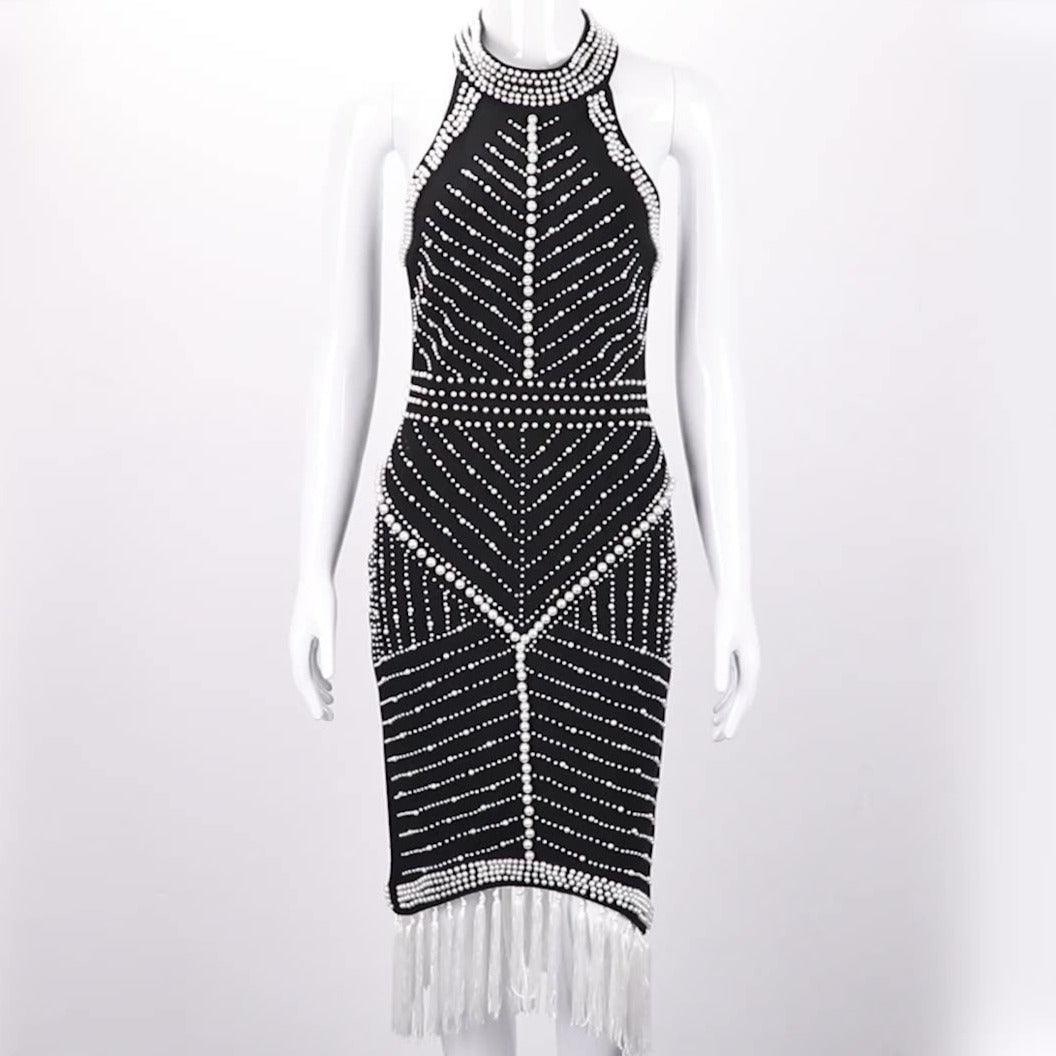 Cady Beaded Halter Neck Tassel Trim Dress