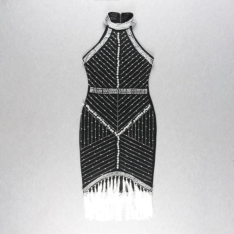 Cady Beaded Halter Neck Tassel Trim Dress