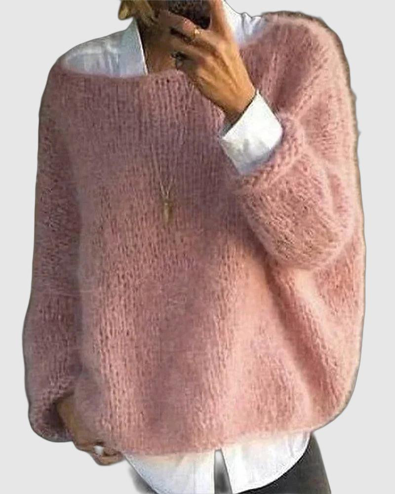 Crew Neck Long Sleeve Fluffy Knit Sweater