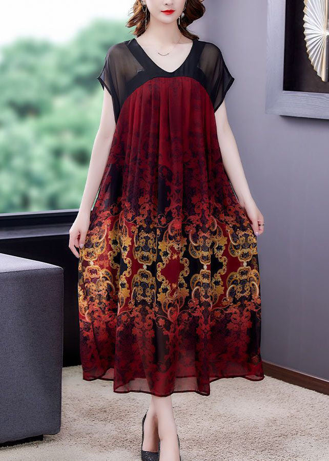 Baroque Damask Print V-Neck Sheer Short Sleeve Patchwork Chiffon Midi Dress