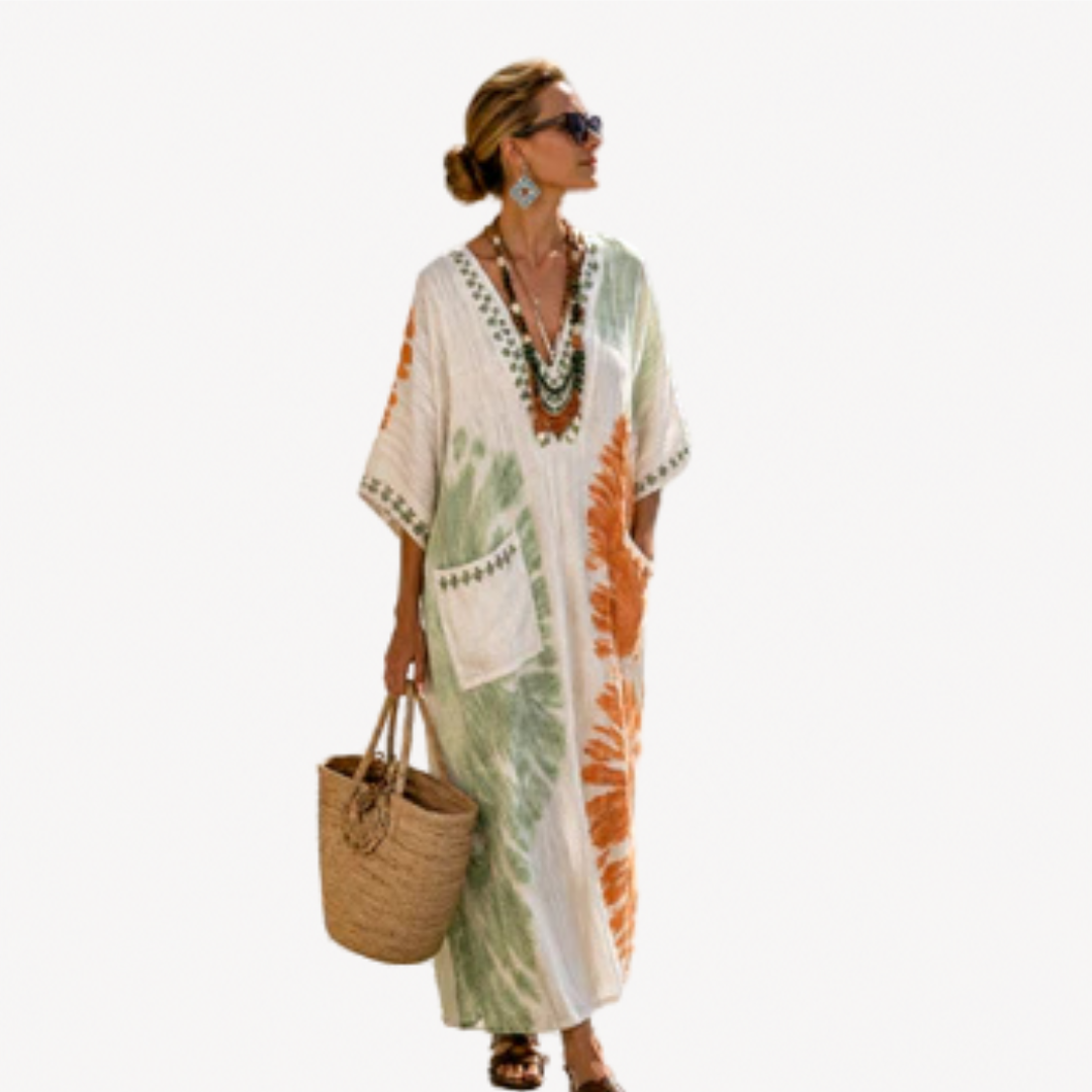 Tie Dye V-Neck Embroidered Kaftan Maxi Beach Cover Up