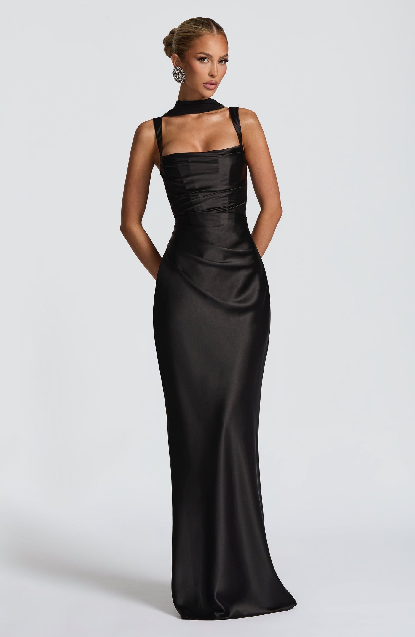 Satin Square Neck Ruched Scarf Mermaid Maxi Gown 2